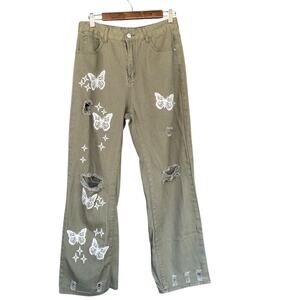 Shein Womens Butterflies Jeans Large Green Distressed Boho Denim Cotton Festival